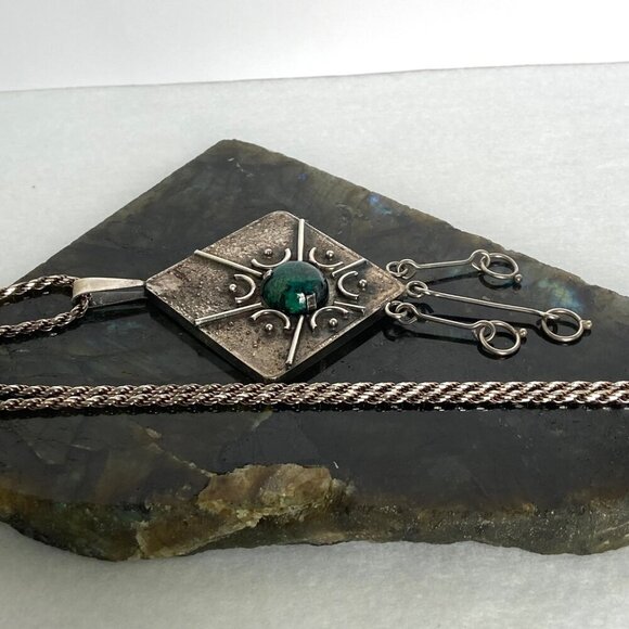 Sterling Silver 925 Israel 4" Modernist Style Eilat Stone Pendant Necklace 24" - Picture 4 of 16